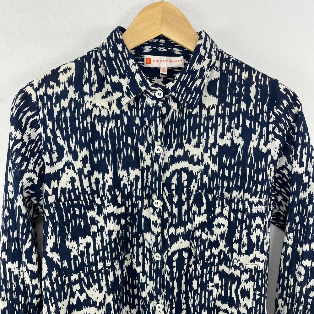 Judy Connally Tunic Shirt Sz S Lightweight Indian Cotton Navy White Abstract - Picture 3 of 12